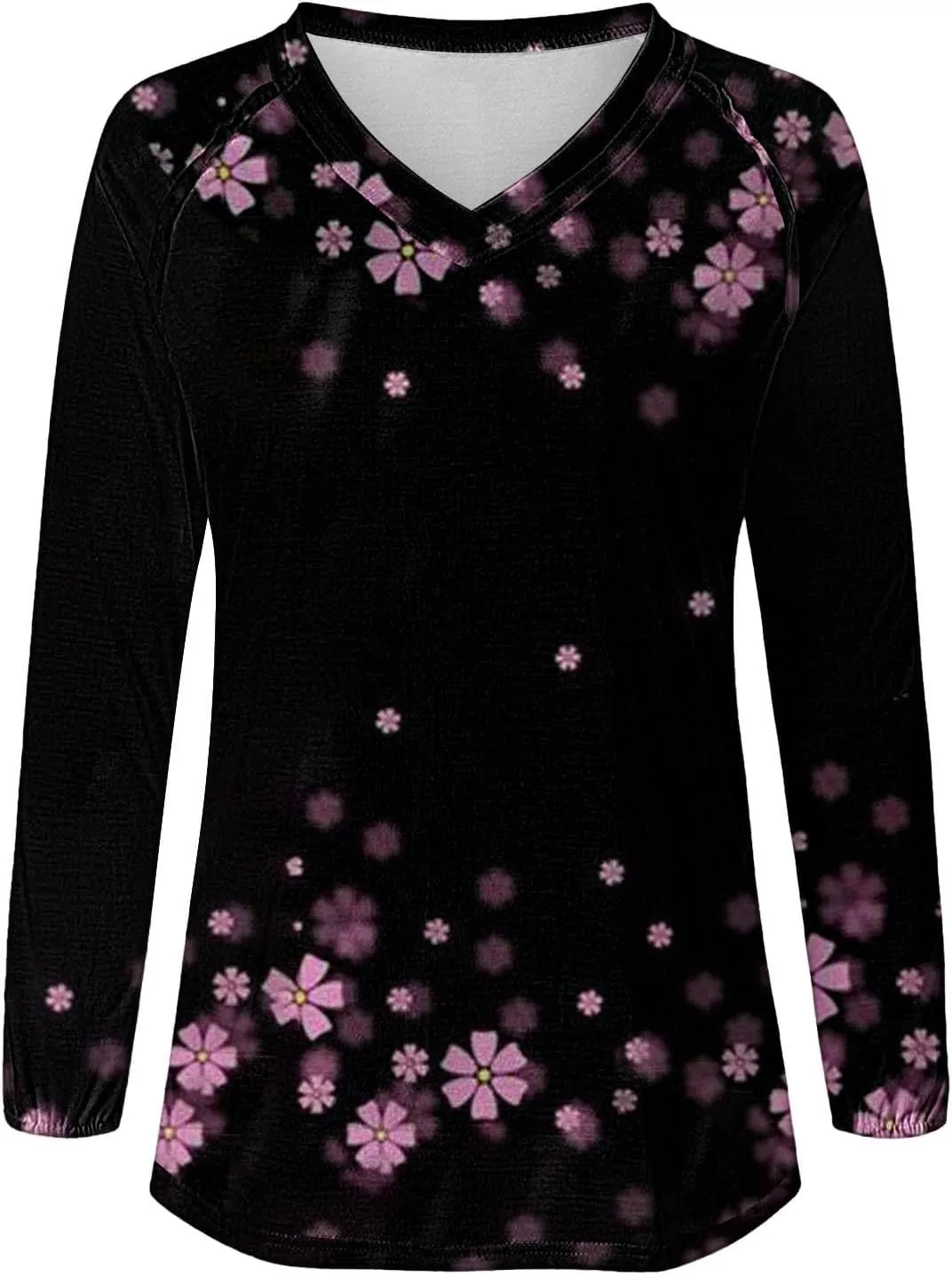 Flowers Graphic Long Sleeve V Neck Tees Shirts for Women Casual Loose Fitted Tshirts Boho Wildflower Trendy Tops