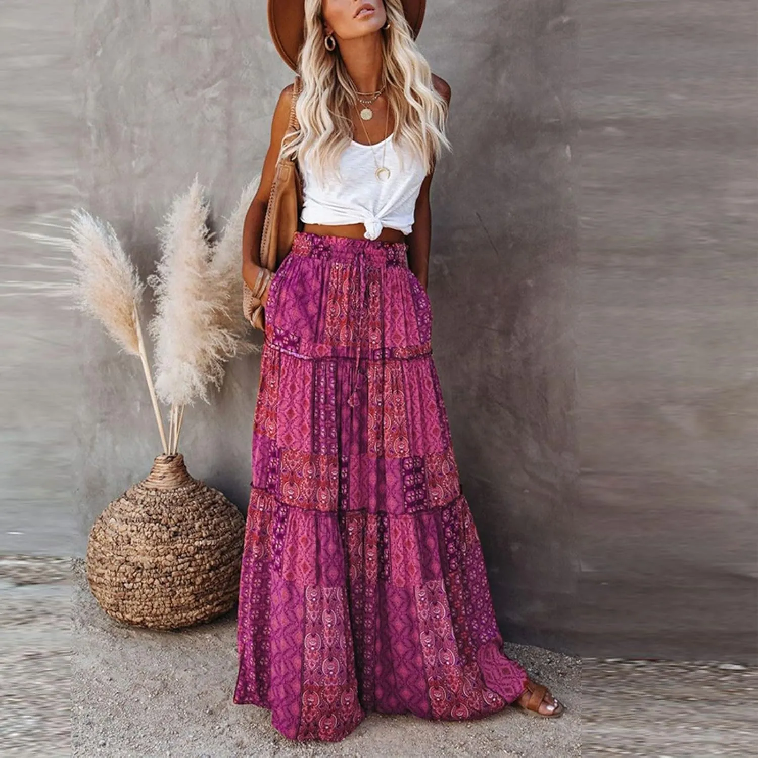 Flowy Tiered Maxi Skirts for Women 2025 Trendy Summer Vacation Boho Long Floral Skirt Elastic Drawstring A Line Skirt