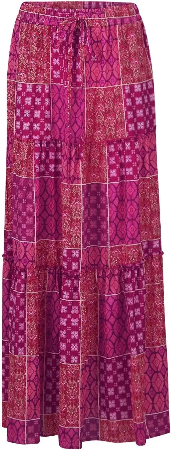 Flowy Tiered Maxi Skirts for Women 2025 Trendy Summer Vacation Boho Long Floral Skirt Elastic Drawstring A Line Skirt