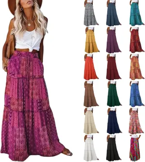 Flowy Tiered Maxi Skirts for Women 2025 Trendy Summer Vacation Boho Long Floral Skirt Elastic Drawstring A Line Skirt
