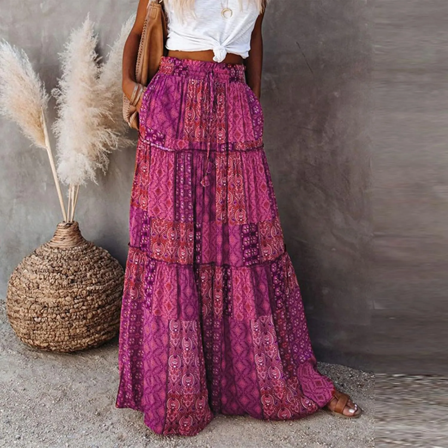 Flowy Tiered Maxi Skirts for Women 2025 Trendy Summer Vacation Boho Long Floral Skirt Elastic Drawstring A Line Skirt