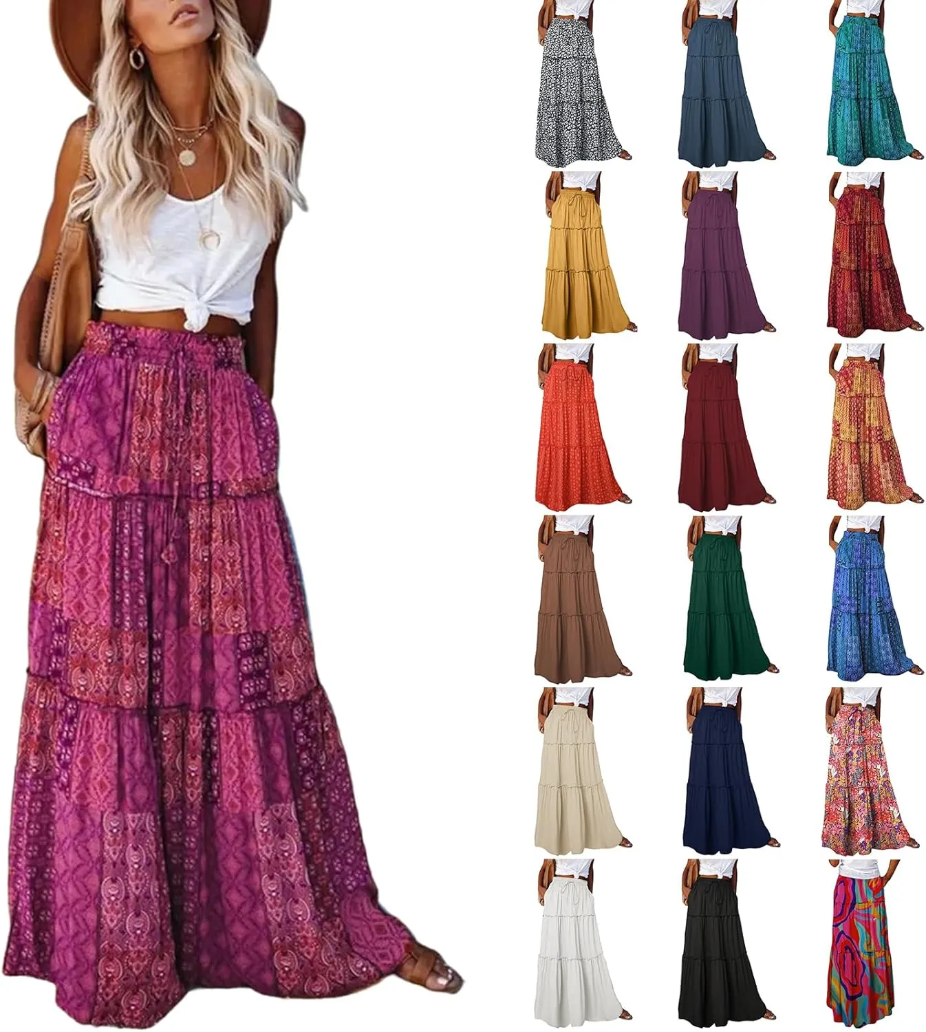 Flowy Tiered Maxi Skirts for Women 2025 Trendy Summer Vacation Boho Long Floral Skirt Elastic Drawstring A Line Skirt