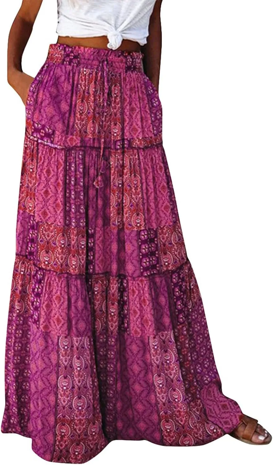 Flowy Tiered Maxi Skirts for Women 2025 Trendy Summer Vacation Boho Long Floral Skirt Elastic Drawstring A Line Skirt