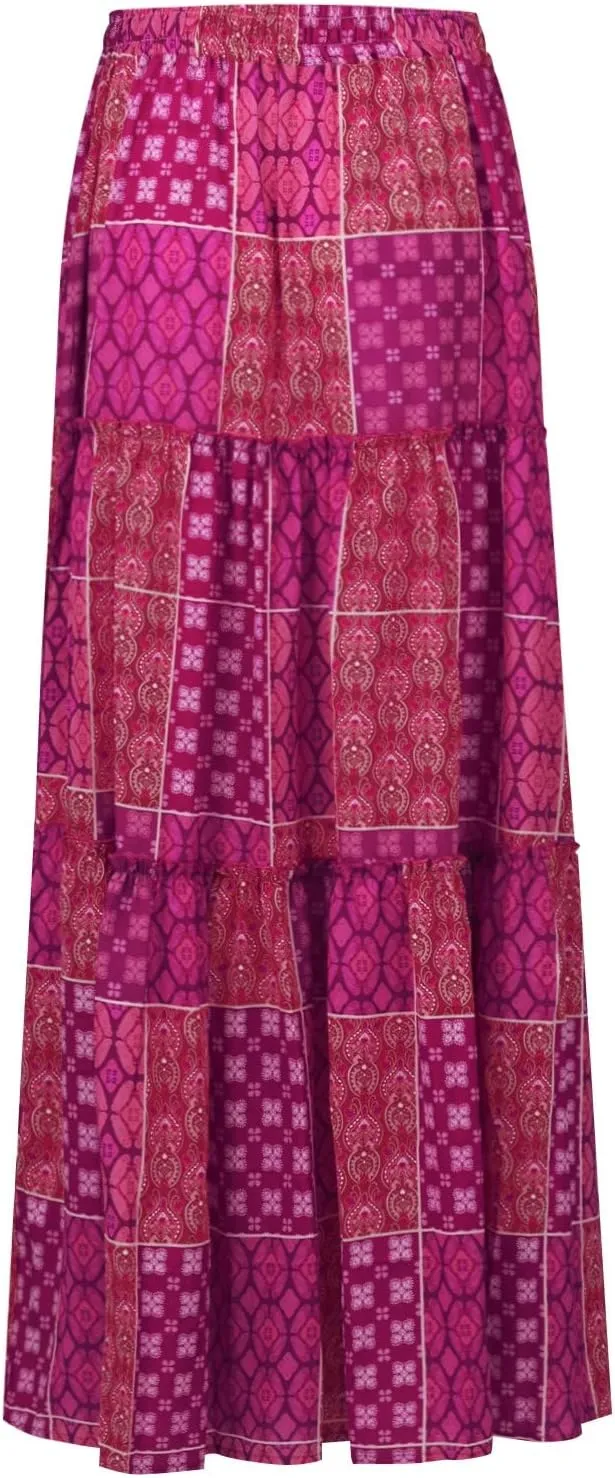 Flowy Tiered Maxi Skirts for Women 2025 Trendy Summer Vacation Boho Long Floral Skirt Elastic Drawstring A Line Skirt