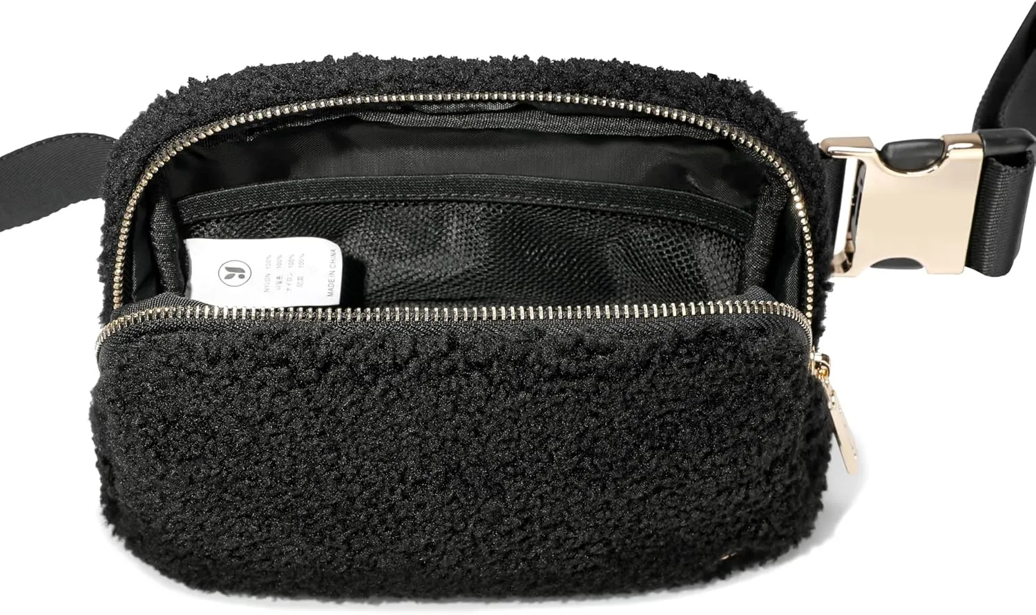 FODOKO Sherpa Belt Bag, Fleece Crossbody Bag Fanny Pack for Women Fashionable Everywhere Waist Bum Bag Pack with Hardware Buckle Black Gold
