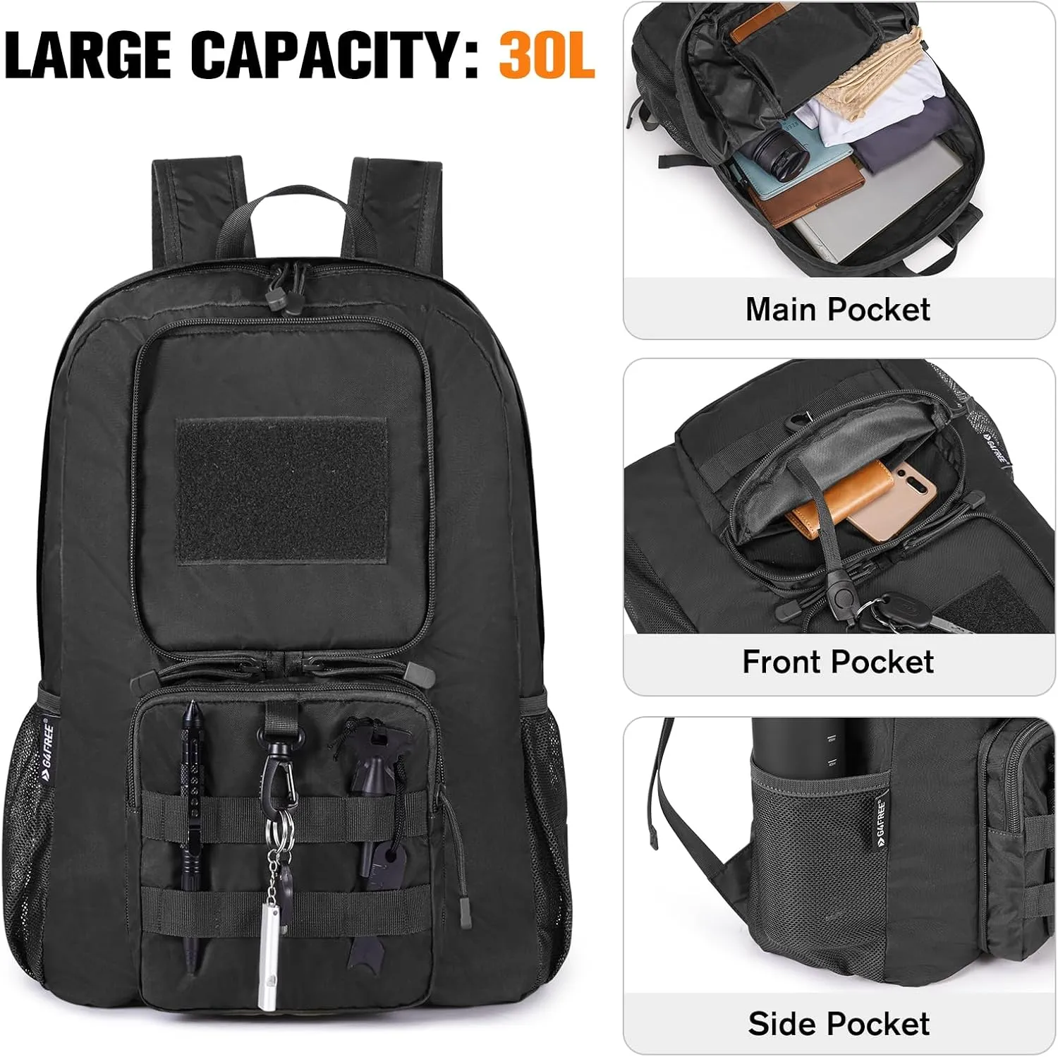 G4Free 30L Packable Tactical Backpack Lightweight Hiking Backpack Foldable Military Tactical edc Bag Water Resistant for Men Women(Black)