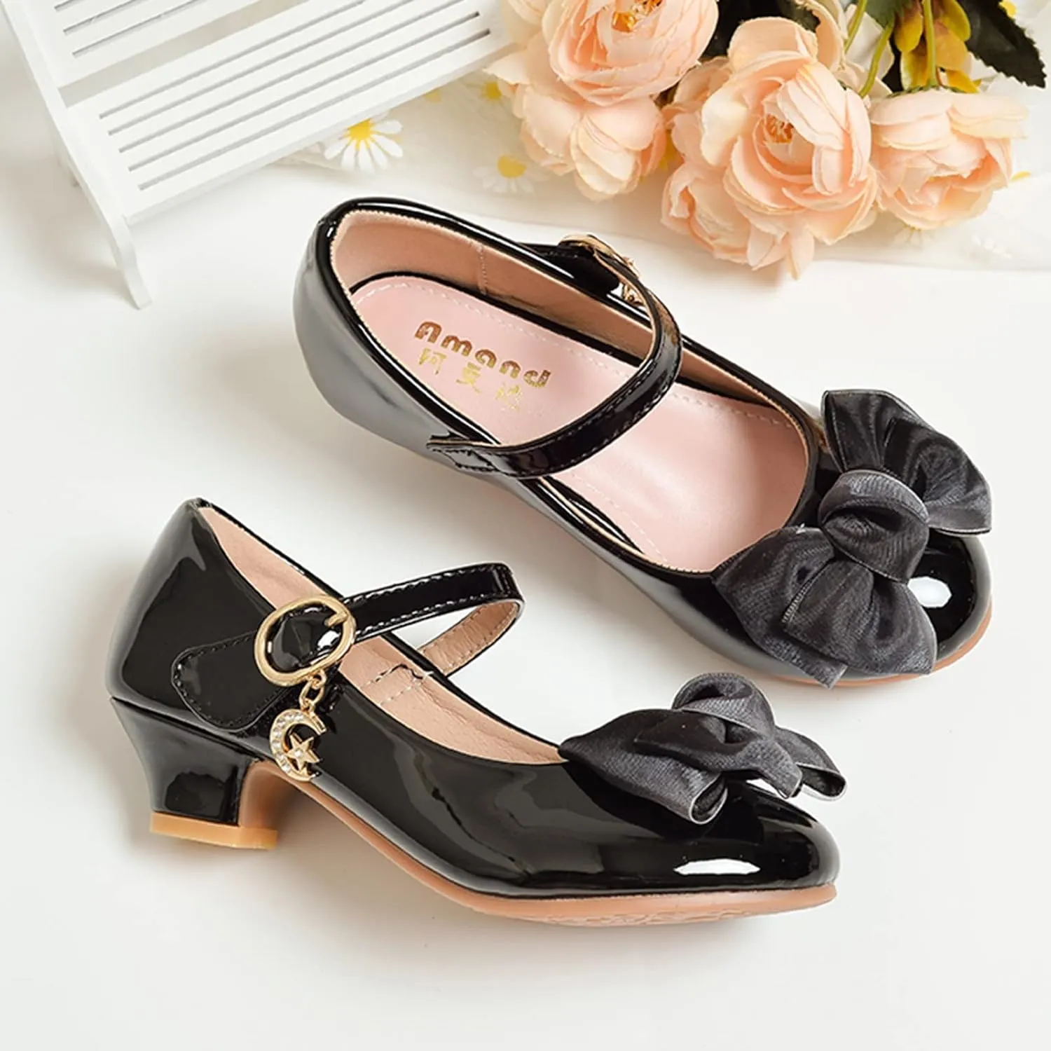 Girls Dress Mary Jane Bow Shoes for Girls with Low Heel Princess Flower Ballet Flat for Wedding School Party