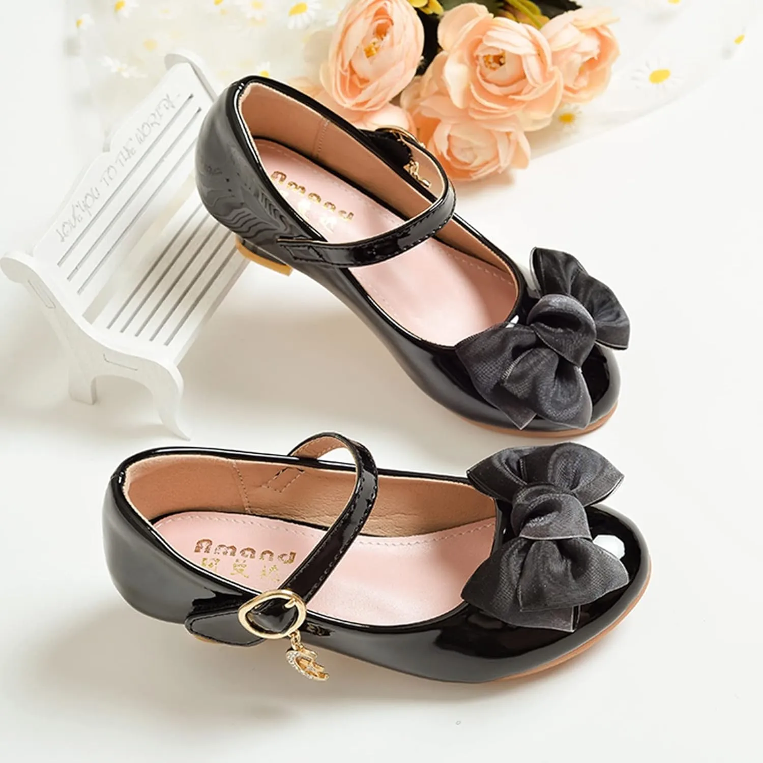 Girls Dress Mary Jane Bow Shoes for Girls with Low Heel Princess Flower Ballet Flat for Wedding School Party