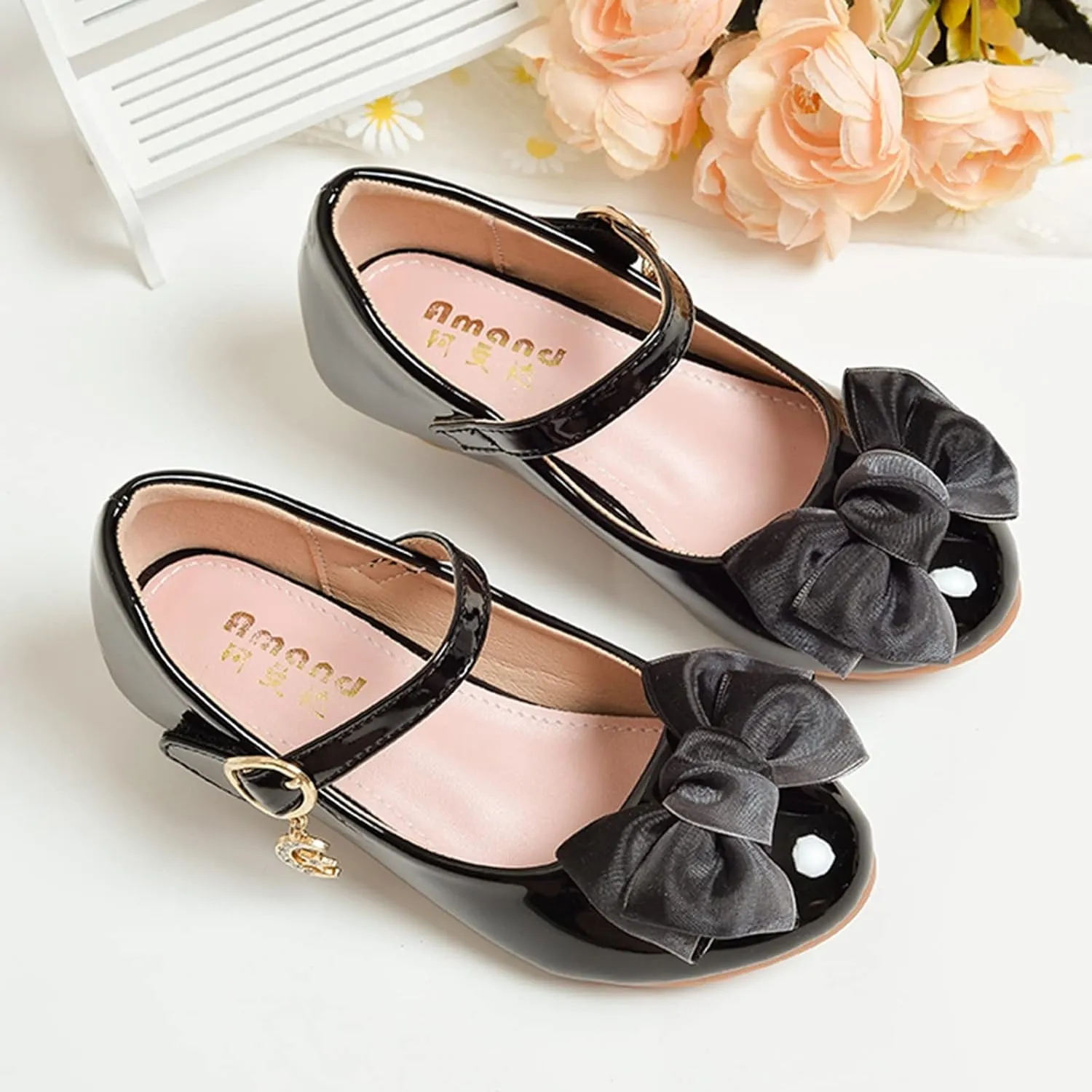 Girls Dress Mary Jane Bow Shoes for Girls with Low Heel Princess Flower Ballet Flat for Wedding School Party