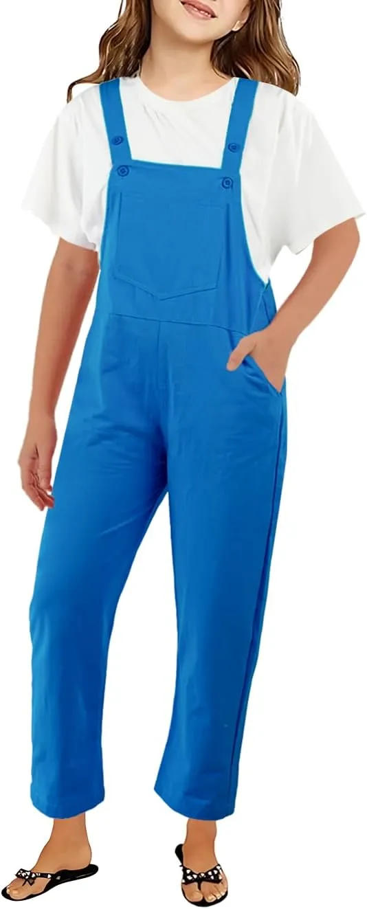 Girls Overalls Sleeveless Adjustable Jumpsuits Kids Casual Loose Romper Cute Long Pants with Pockets
