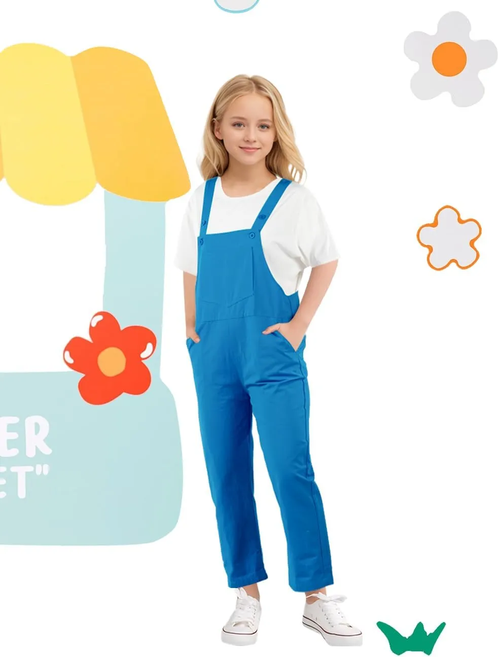 Girls Overalls Sleeveless Adjustable Jumpsuits Kids Casual Loose Romper Cute Long Pants with Pockets