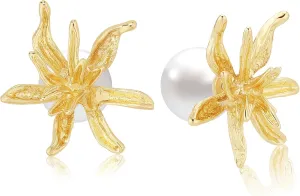 Gold Flower Earrings - Large Floral Statement Earrings for Women - Chunky Jewelry Gift