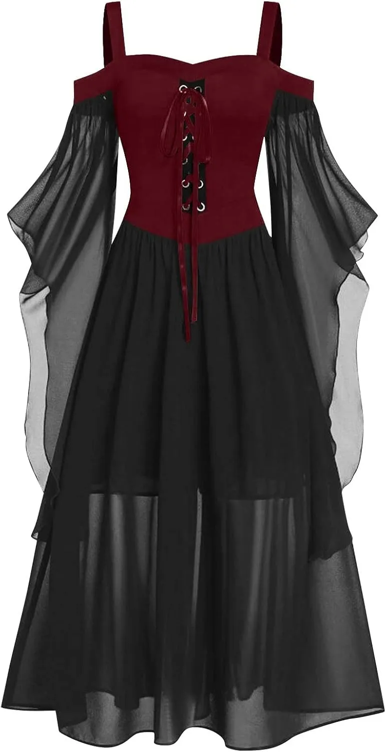 Gothic Plus Size Flared Sleeve Dress - Sexy Lace Up Medieval Cold Shoulder Dress for Women's Halloween