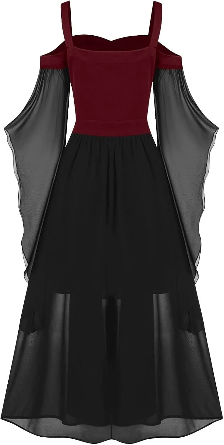 Gothic Plus Size Flared Sleeve Dress - Sexy Lace Up Medieval Cold Shoulder Dress for Women's Halloween