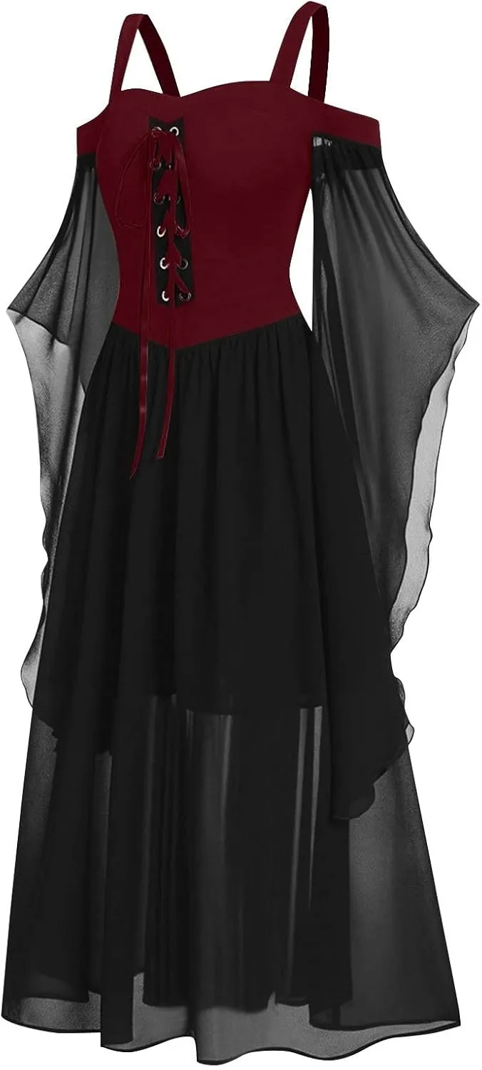 Gothic Plus Size Flared Sleeve Dress - Sexy Lace Up Medieval Cold Shoulder Dress for Women's Halloween