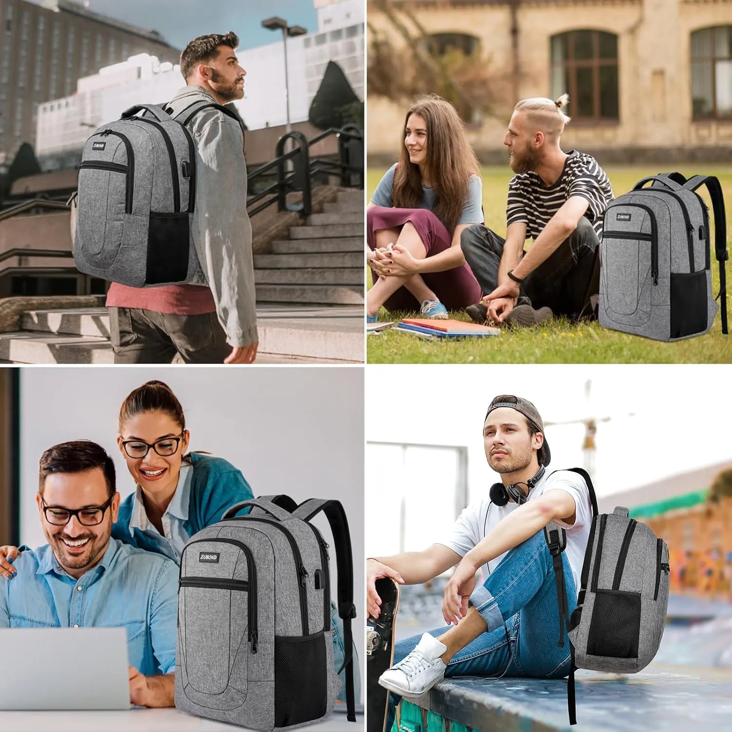 Grey Backpack for Teen Boys and Girls, College Students - Water Resistant, Slim, Sturdy with USB Charging Port - Fits 15.6 Inch Laptops
