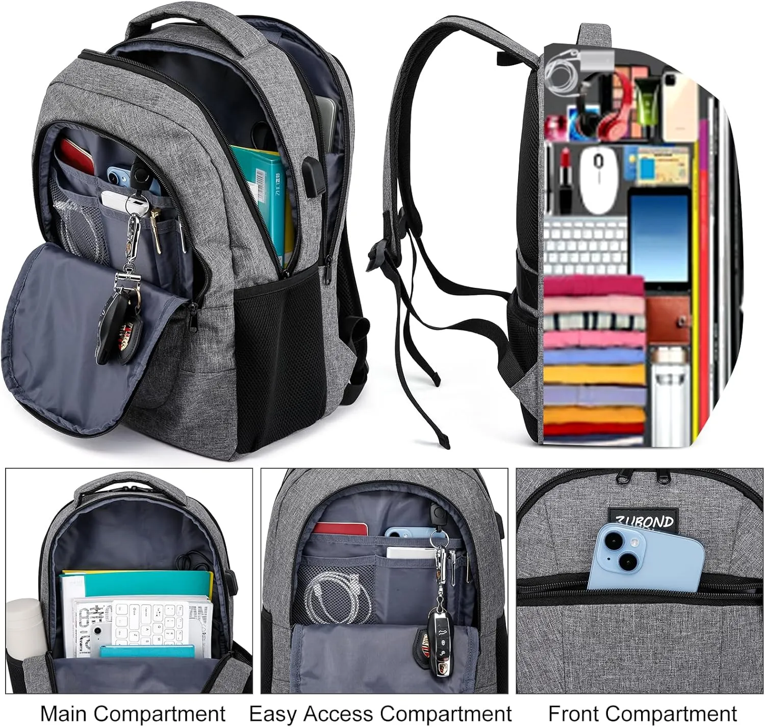 Grey Backpack for Teen Boys and Girls, College Students - Water Resistant, Slim, Sturdy with USB Charging Port - Fits 15.6 Inch Laptops