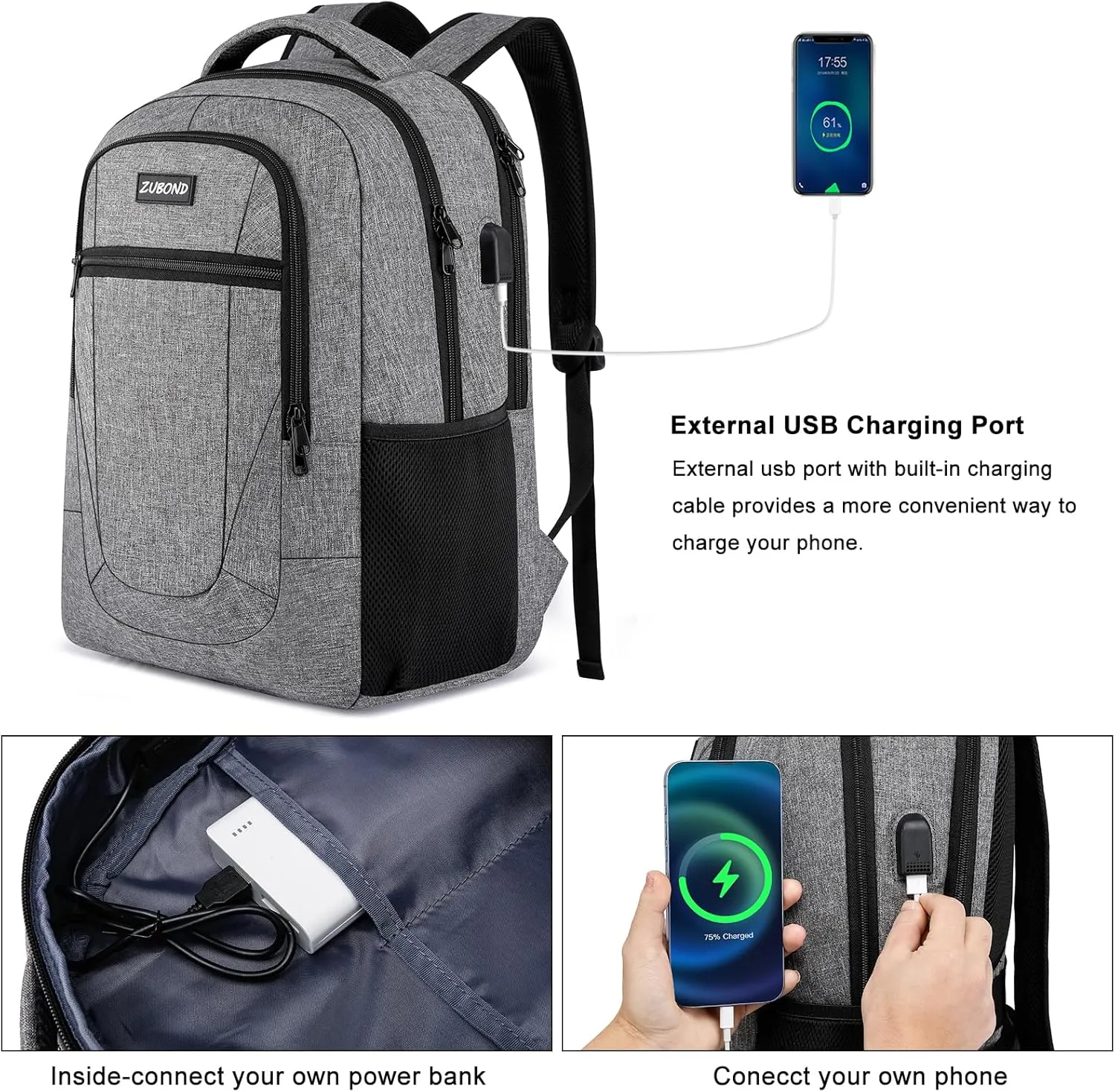 Grey Backpack for Teen Boys and Girls, College Students - Water Resistant, Slim, Sturdy with USB Charging Port - Fits 15.6 Inch Laptops