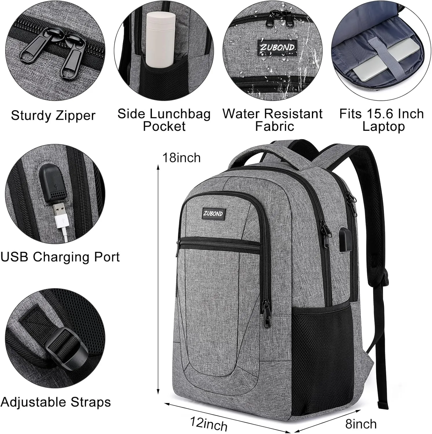 Grey Backpack for Teen Boys and Girls, College Students - Water Resistant, Slim, Sturdy with USB Charging Port - Fits 15.6 Inch Laptops