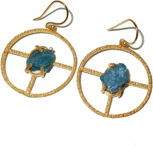 Handcrafted 22k Gold Plated Raw Apatite Birthstone Round Circle Design Dangle Earrings
