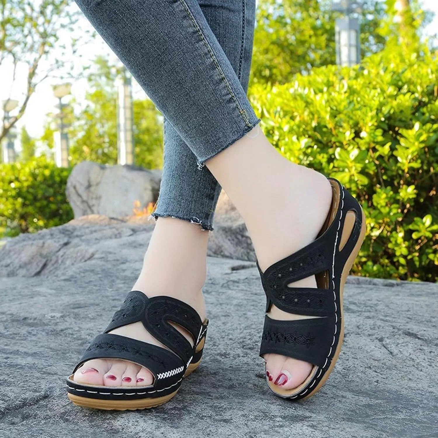 Hbeylia Orthopedic Sandals for Women,Ladies Fashion Summer Breathable Open Toe Slip on Platform Wedge Low Heel Roman Lightweight Outdoor Sandals With Arch Support