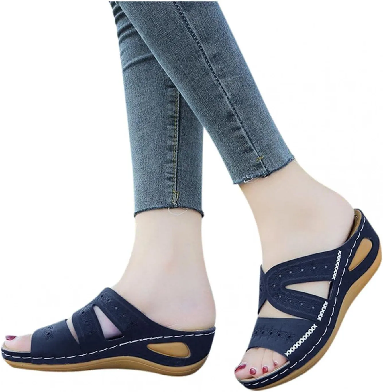 Hbeylia Orthopedic Sandals for Women,Ladies Fashion Summer Breathable Open Toe Slip on Platform Wedge Low Heel Roman Lightweight Outdoor Sandals With Arch Support