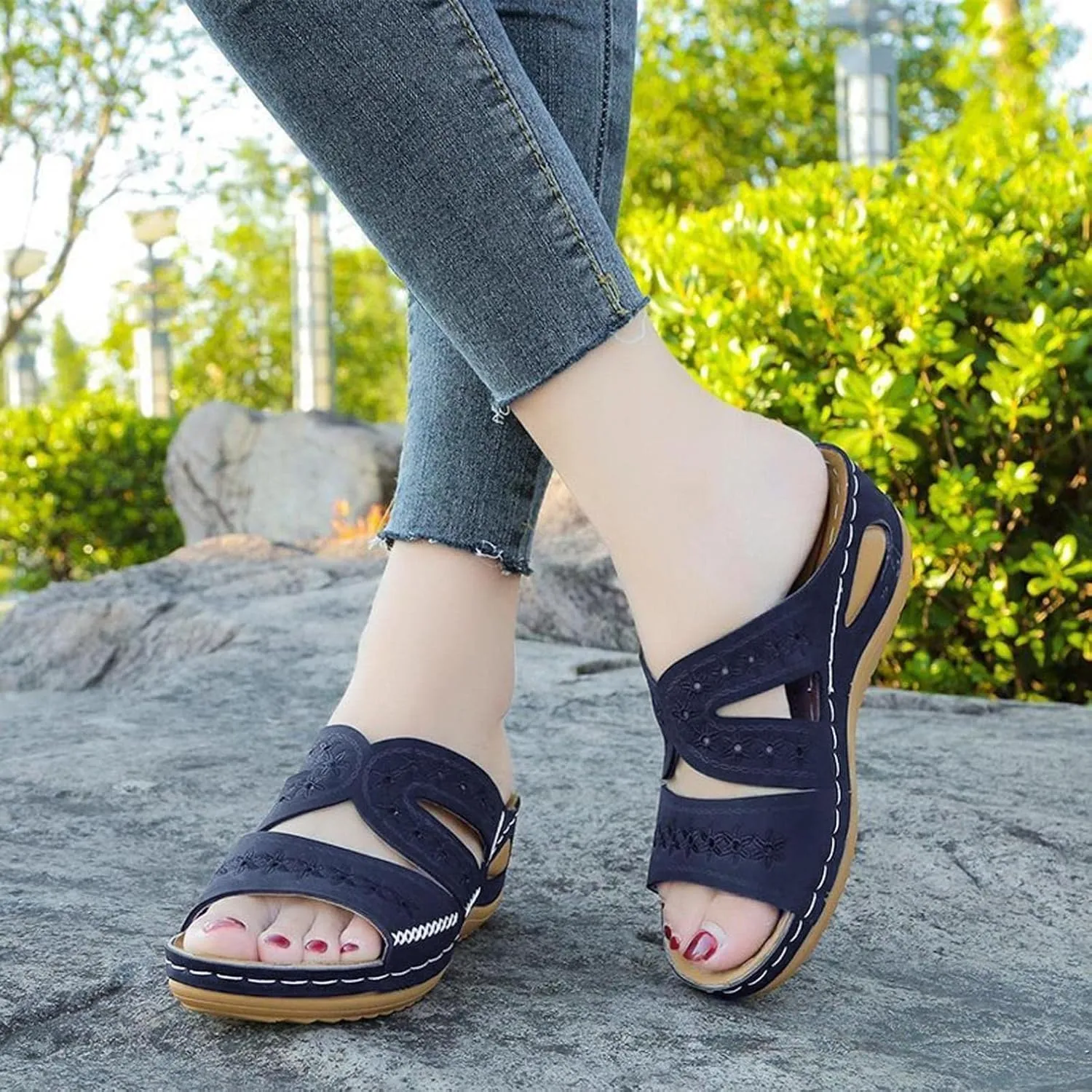Hbeylia Orthopedic Sandals for Women,Ladies Fashion Summer Breathable Open Toe Slip on Platform Wedge Low Heel Roman Lightweight Outdoor Sandals With Arch Support