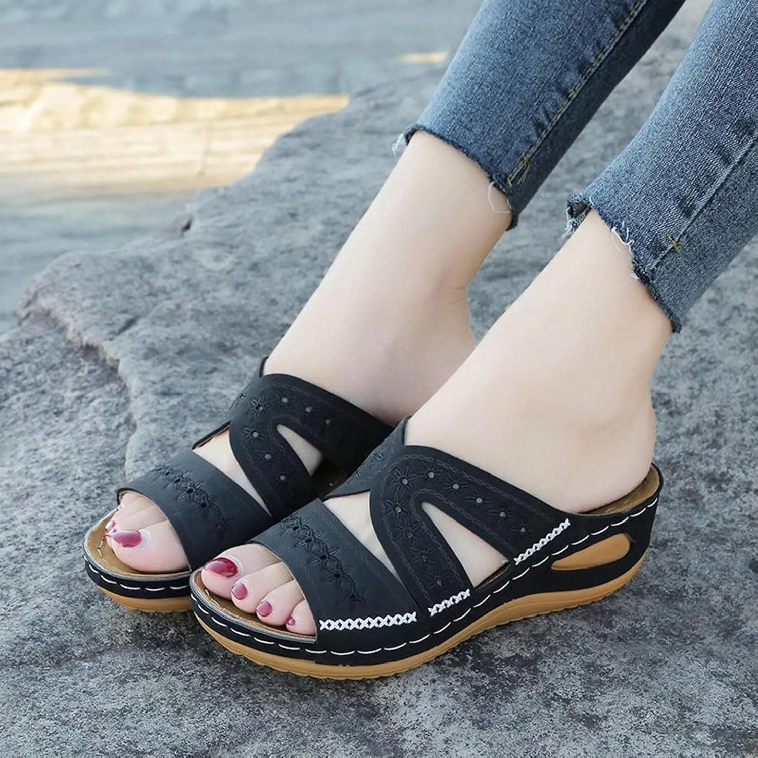 Hbeylia Orthopedic Sandals for Women,Ladies Fashion Summer Breathable Open Toe Slip on Platform Wedge Low Heel Roman Lightweight Outdoor Sandals With Arch Support
