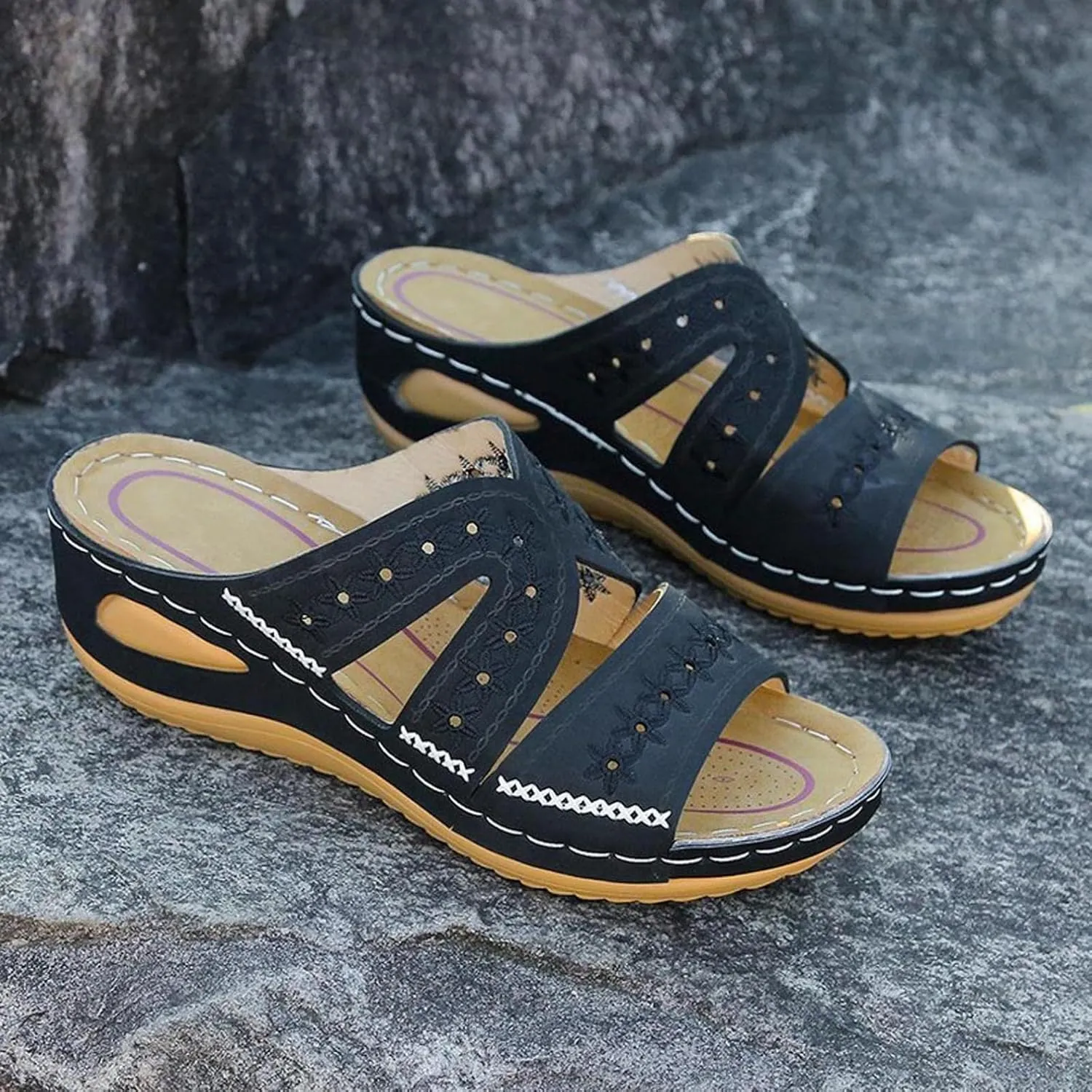 Hbeylia Orthopedic Sandals for Women,Ladies Fashion Summer Breathable Open Toe Slip on Platform Wedge Low Heel Roman Lightweight Outdoor Sandals With Arch Support