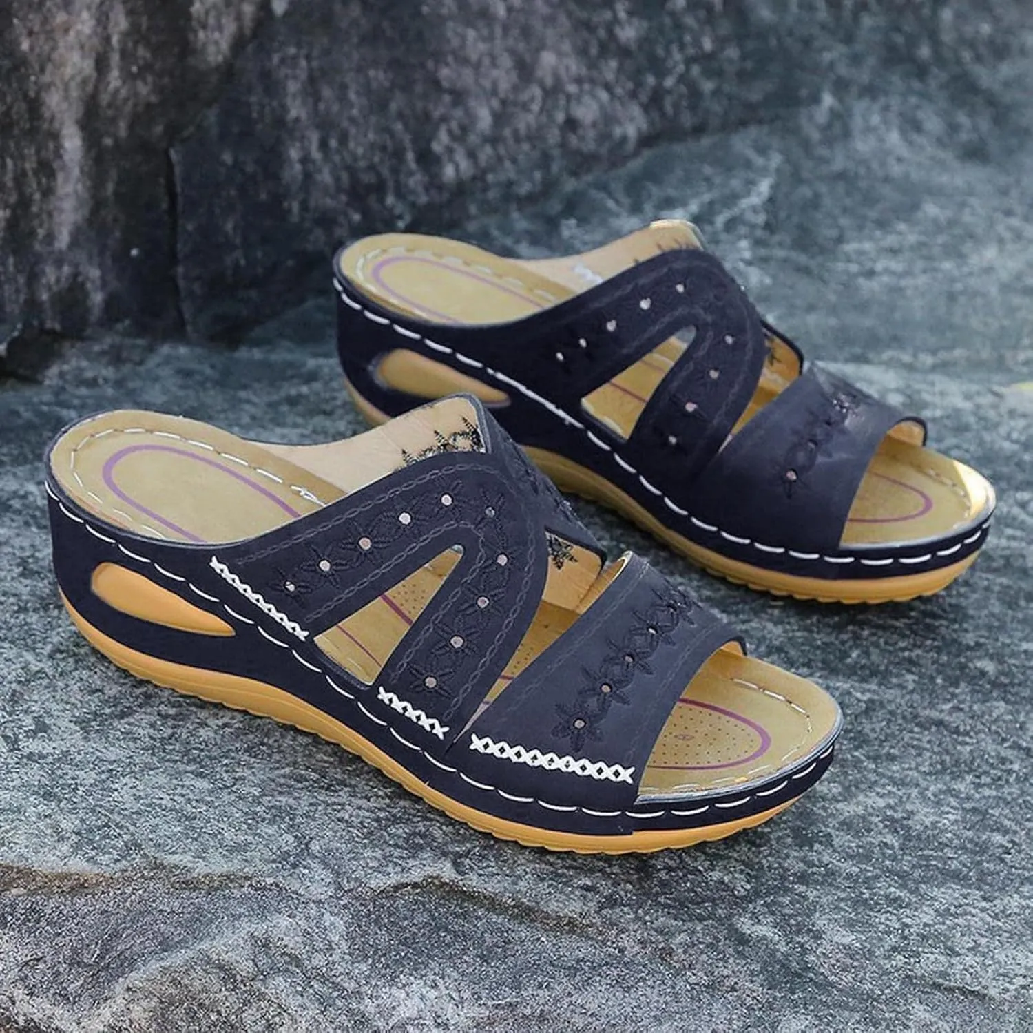 Hbeylia Orthopedic Sandals for Women,Ladies Fashion Summer Breathable Open Toe Slip on Platform Wedge Low Heel Roman Lightweight Outdoor Sandals With Arch Support