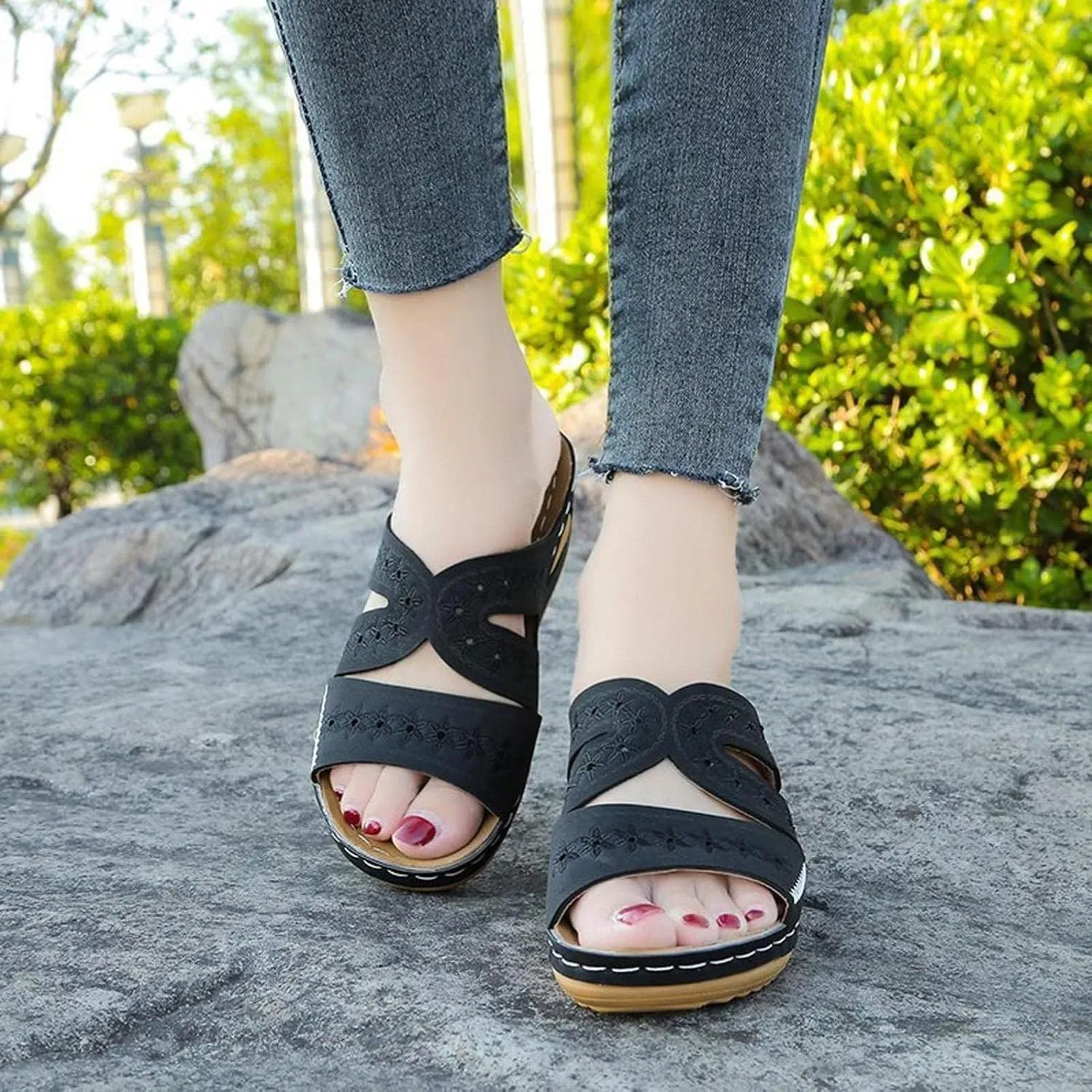 Hbeylia Orthopedic Sandals for Women,Ladies Fashion Summer Breathable Open Toe Slip on Platform Wedge Low Heel Roman Lightweight Outdoor Sandals With Arch Support
