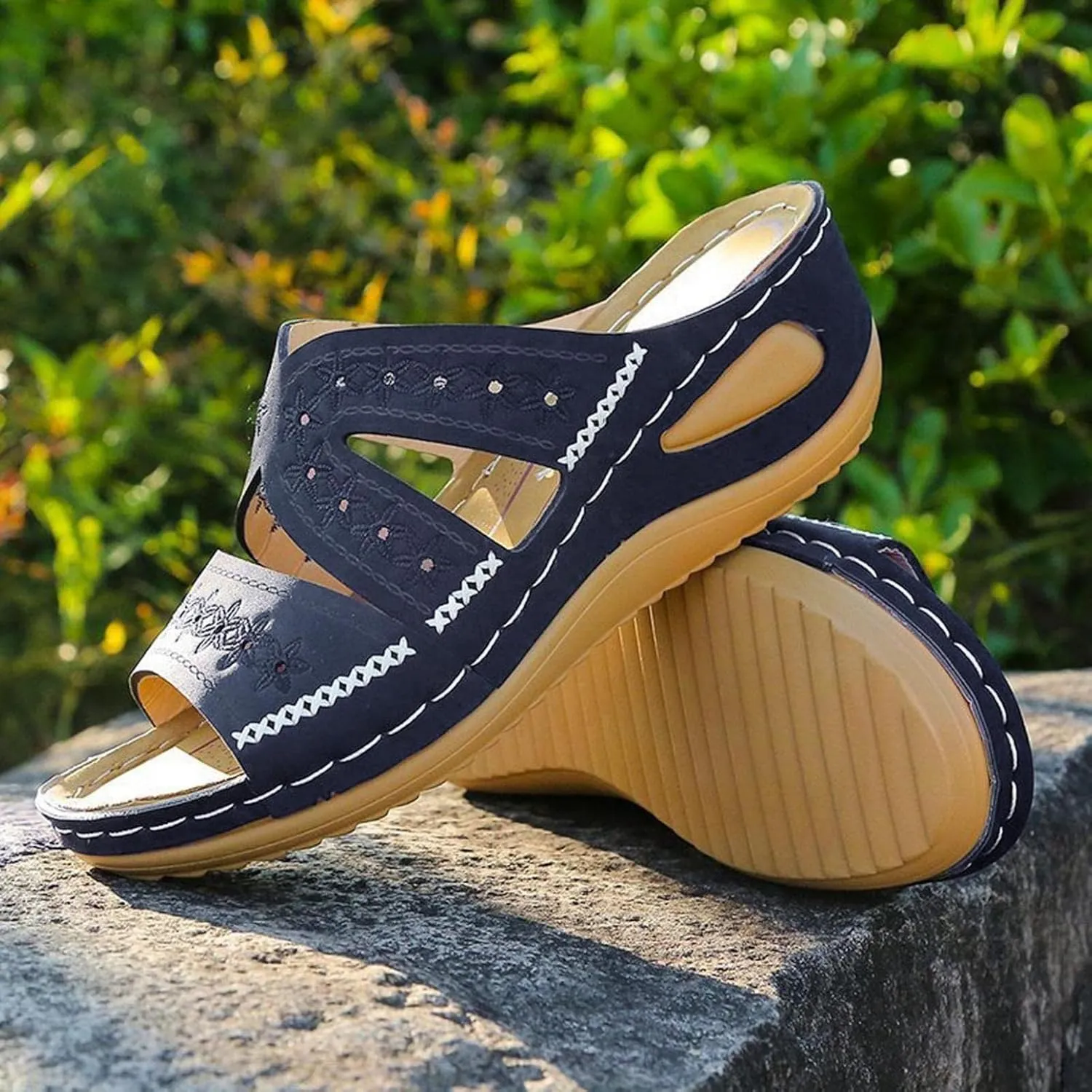 Hbeylia Orthopedic Sandals for Women,Ladies Fashion Summer Breathable Open Toe Slip on Platform Wedge Low Heel Roman Lightweight Outdoor Sandals With Arch Support