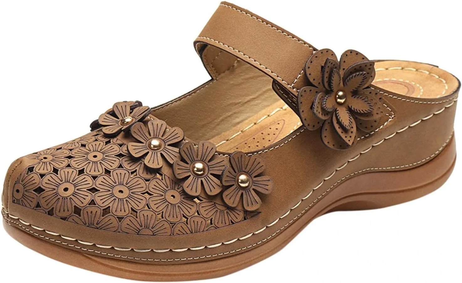 Hbeylia Platform Sandals For Women,Ladies Summer Slip On Flower Design Hollow Out Buckle Chunky Platform Wedge Orthopedic Sandals for Women With Arch Support