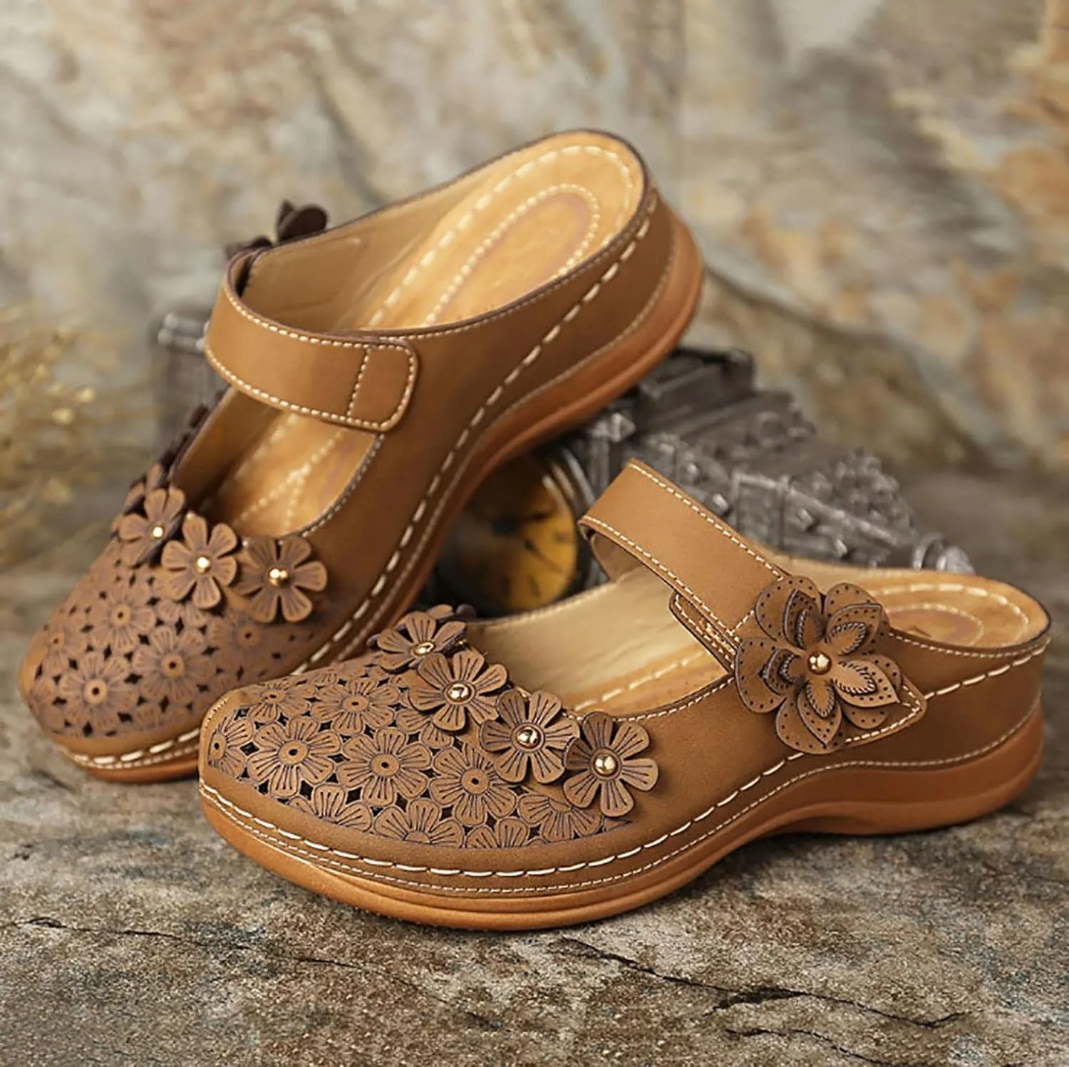 Hbeylia Platform Sandals For Women,Ladies Summer Slip On Flower Design Hollow Out Buckle Chunky Platform Wedge Orthopedic Sandals for Women With Arch Support