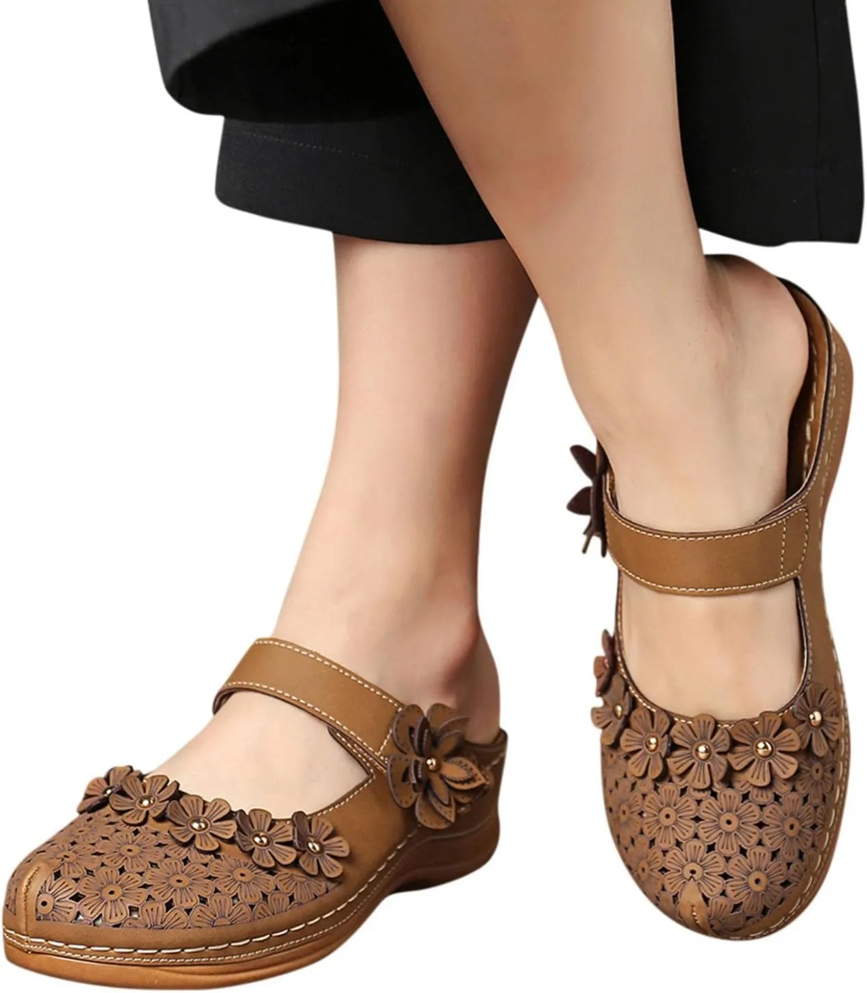 Hbeylia Platform Sandals For Women,Ladies Summer Slip On Flower Design Hollow Out Buckle Chunky Platform Wedge Orthopedic Sandals for Women With Arch Support