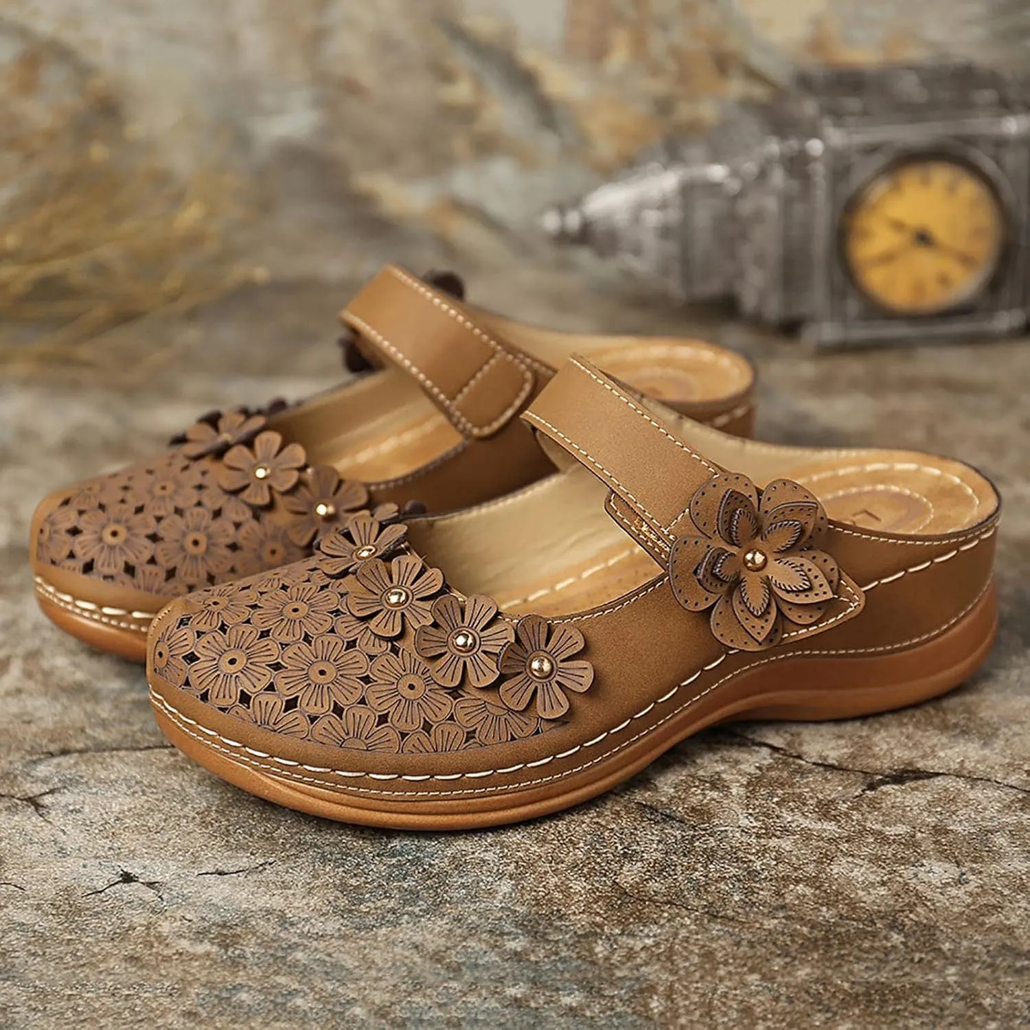 Hbeylia Platform Sandals For Women,Ladies Summer Slip On Flower Design Hollow Out Buckle Chunky Platform Wedge Orthopedic Sandals for Women With Arch Support