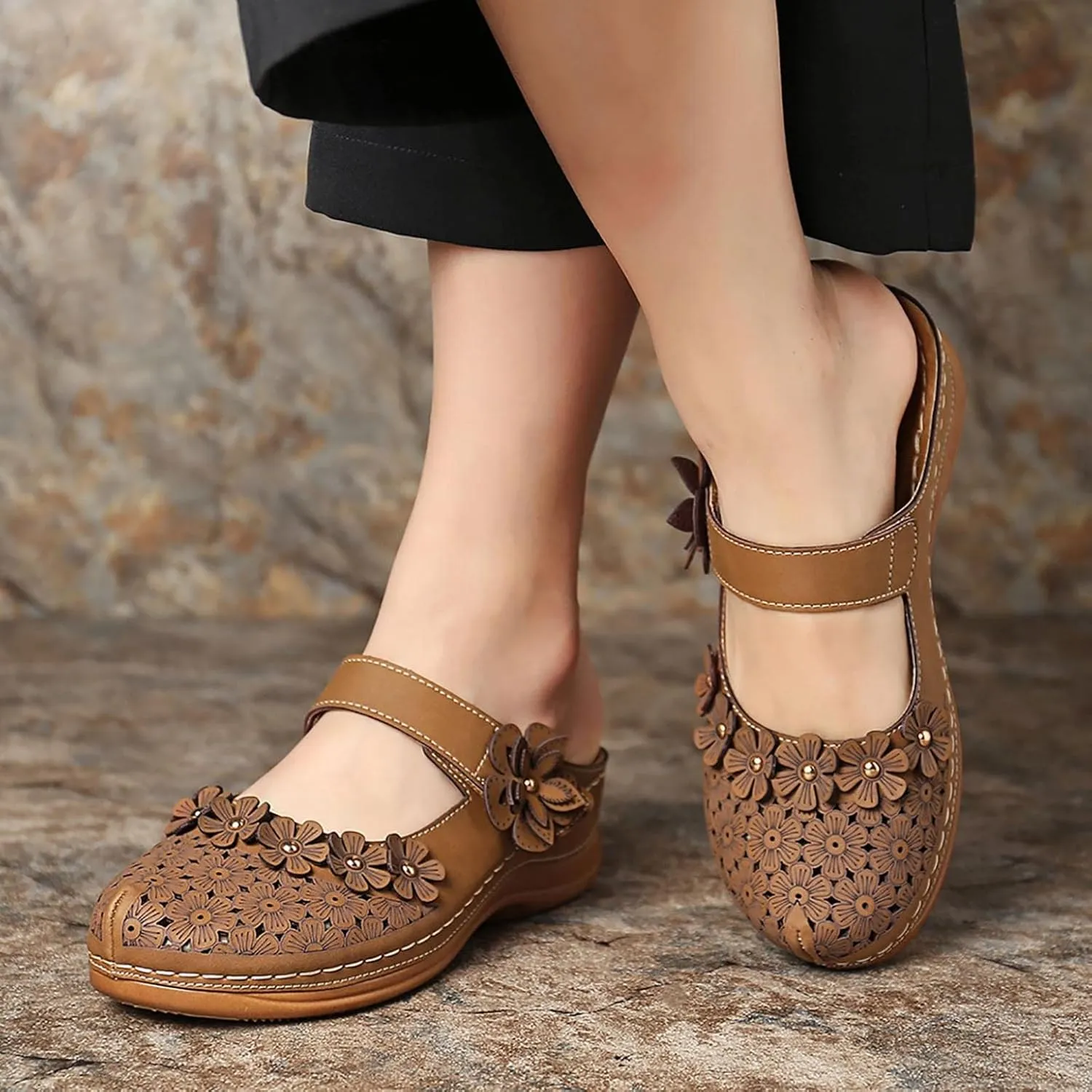 Hbeylia Platform Sandals For Women,Ladies Summer Slip On Flower Design Hollow Out Buckle Chunky Platform Wedge Orthopedic Sandals for Women With Arch Support