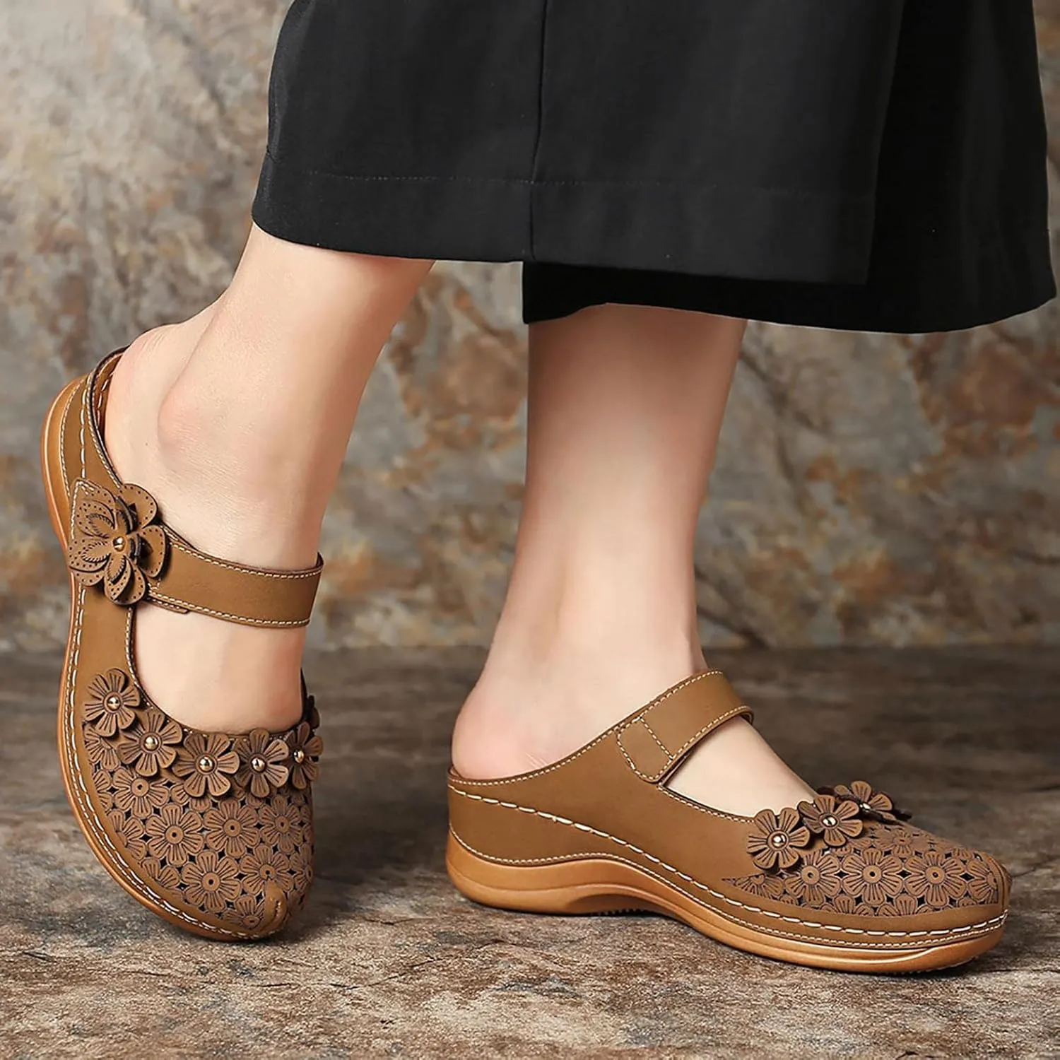 Hbeylia Platform Sandals For Women,Ladies Summer Slip On Flower Design Hollow Out Buckle Chunky Platform Wedge Orthopedic Sandals for Women With Arch Support