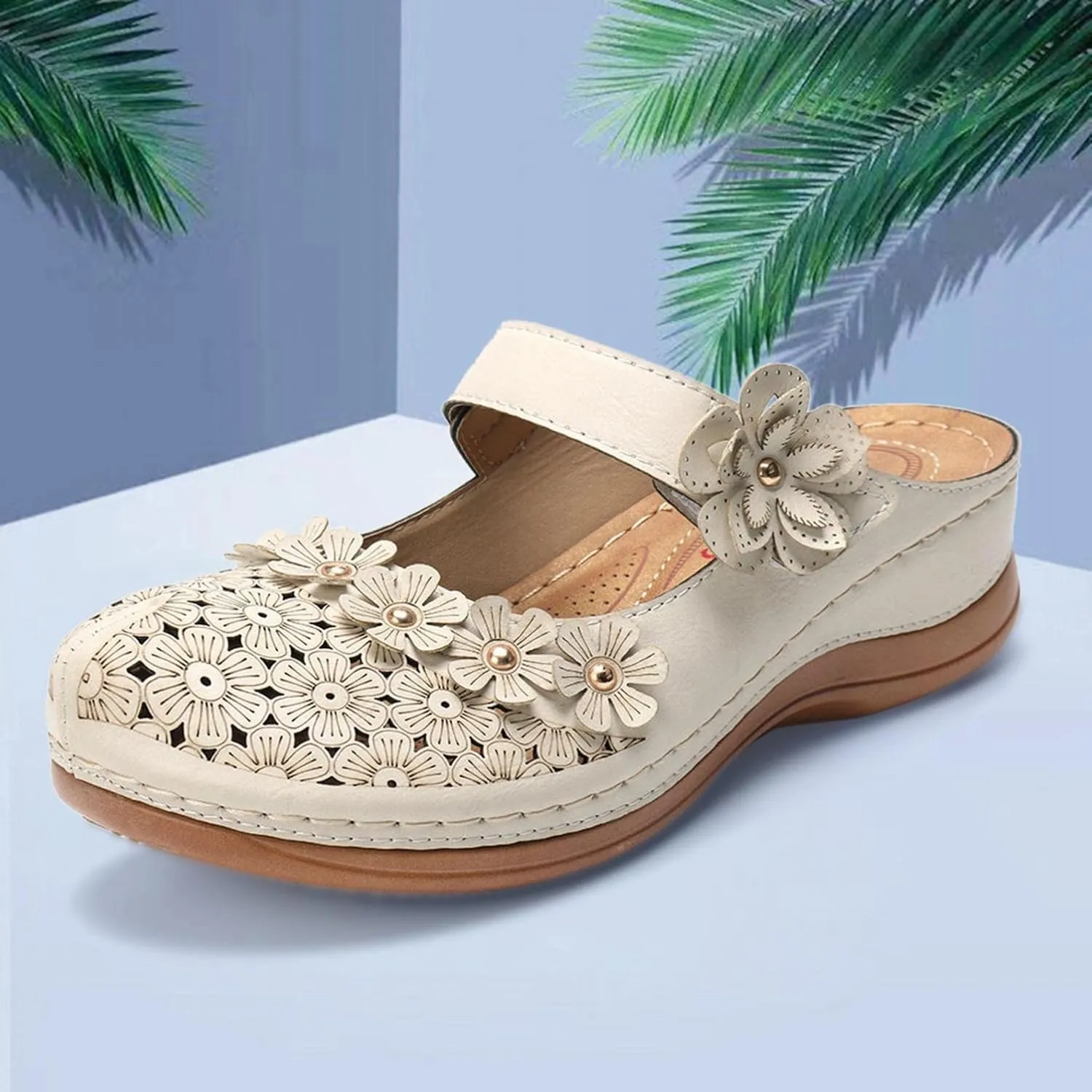 Hbeylia Platform Sandals For Women,Ladies Summer Slip On Flower Design Hollow Out Buckle Chunky Platform Wedge Orthopedic Sandals for Women With Arch Support