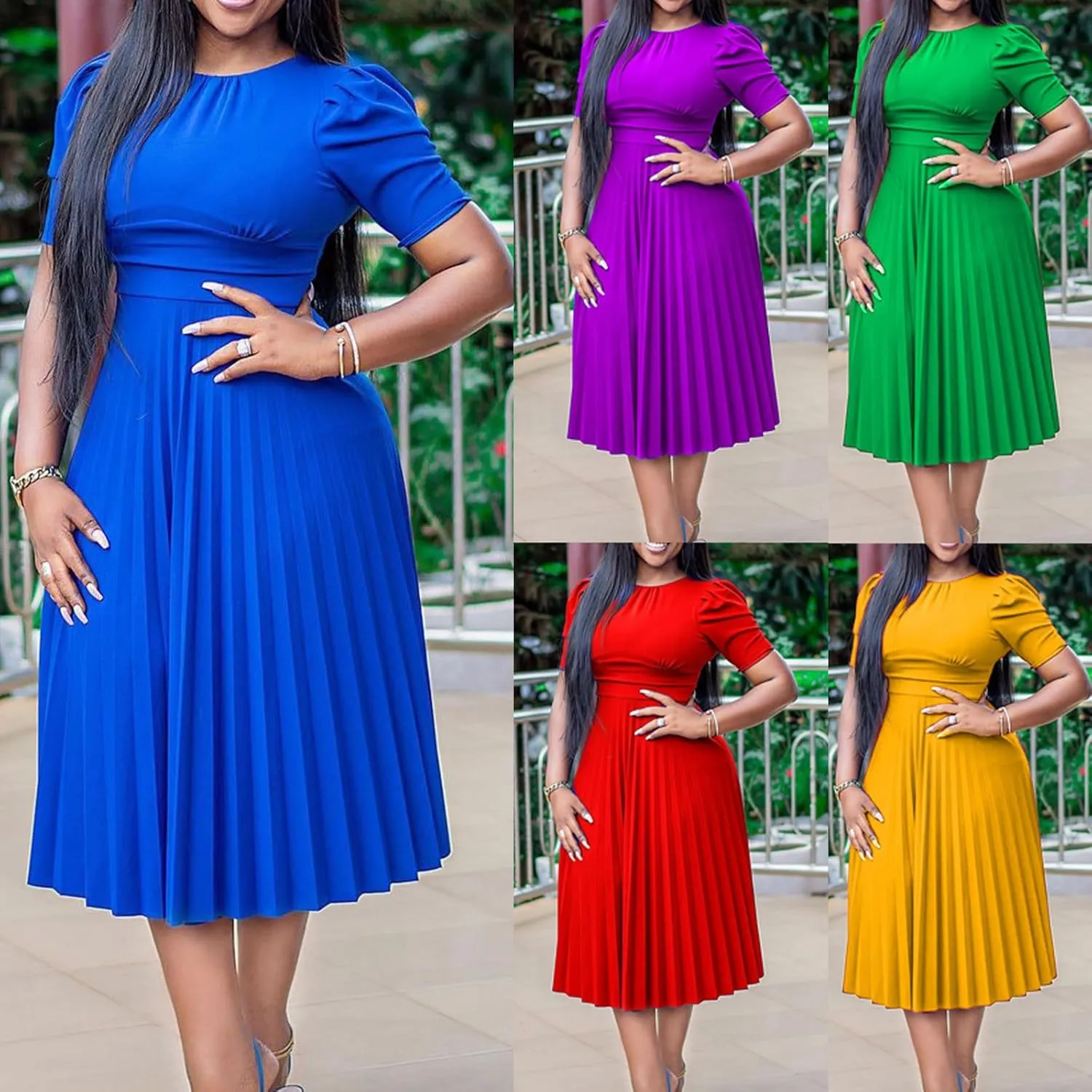 HGps8w Women's Elegant Plus Size Pleated Dresses Casual Crew Neck High Waist Cocktail Party Business A Line Midi Dress