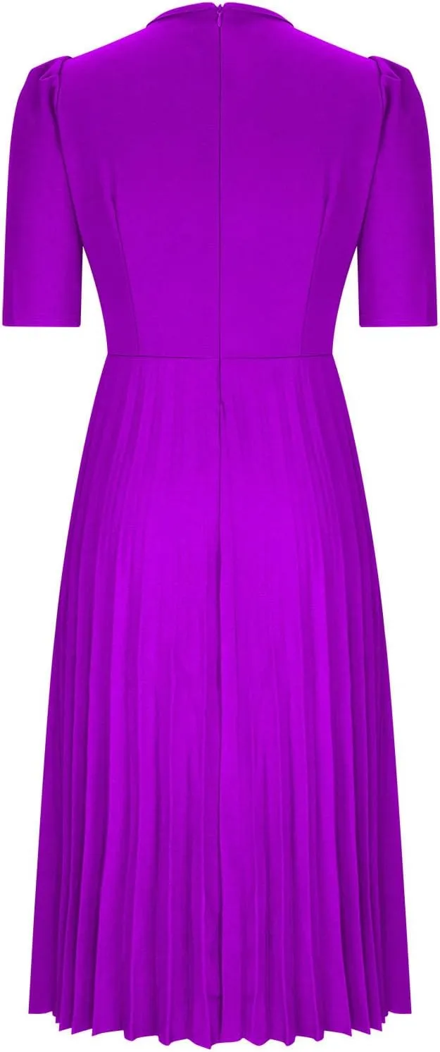 HGps8w Women's Elegant Plus Size Pleated Dresses Casual Crew Neck High Waist Cocktail Party Business A Line Midi Dress