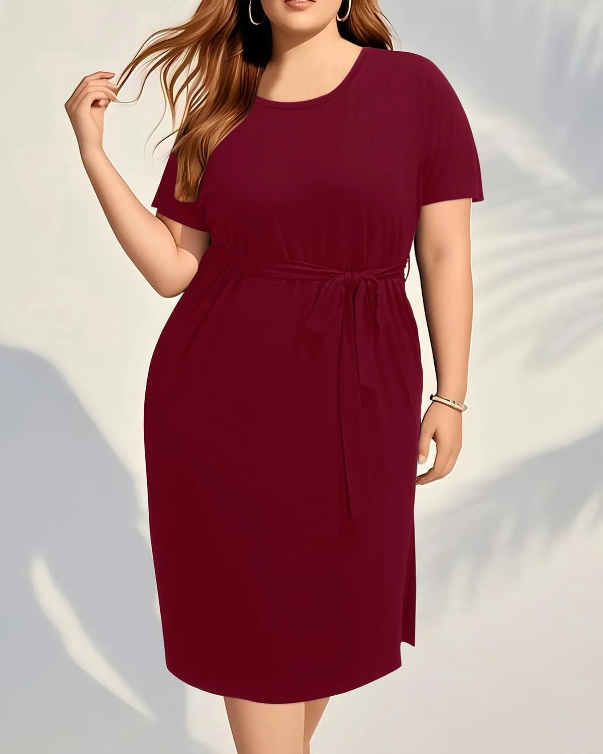 Holipick Plus Size Summer Dresses for Curvy Women Church Business Work Casual Party Tie Short Sleeves Midi Dress Pockets