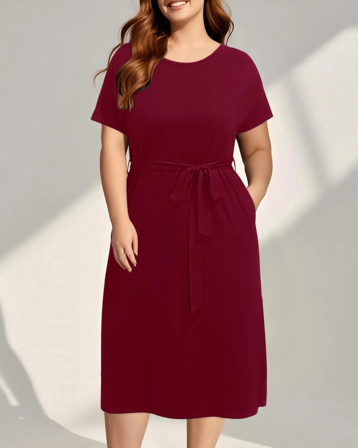 Holipick Plus Size Summer Dresses for Curvy Women Church Business Work Casual Party Tie Short Sleeves Midi Dress Pockets