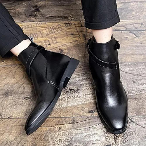 HOOENG Chelsea Boots for Men Burnished Toe Side Zip PU Slip on Wearable Waterproof Non Slip Dress
