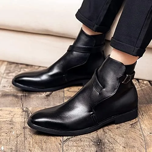 HOOENG Chelsea Boots for Men Burnished Toe Side Zip PU Slip on Wearable Waterproof Non Slip Dress