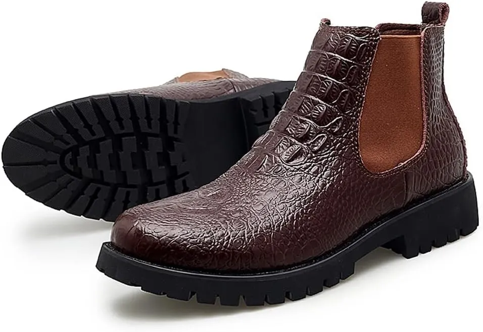HOOENG Chelsea Boots for Men Crocodile Print Elastic Bandage Cowhide Leather Waterproof Slip on Wearable Non Slip Casual