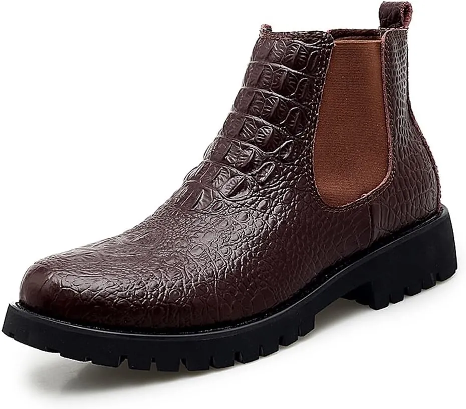 HOOENG Chelsea Boots for Men Crocodile Print Elastic Bandage Cowhide Leather Waterproof Slip on Wearable Non Slip Casual