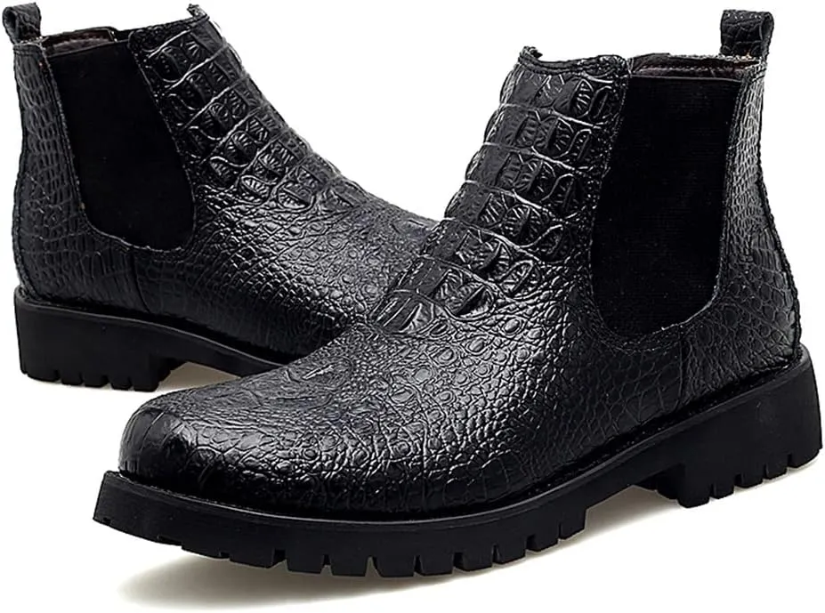 HOOENG Chelsea Boots for Men Crocodile Print Elastic Bandage Cowhide Leather Waterproof Slip on Wearable Non Slip Casual