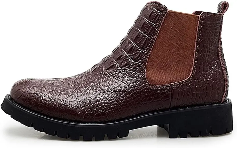 HOOENG Chelsea Boots for Men Crocodile Print Elastic Bandage Cowhide Leather Waterproof Slip on Wearable Non Slip Casual