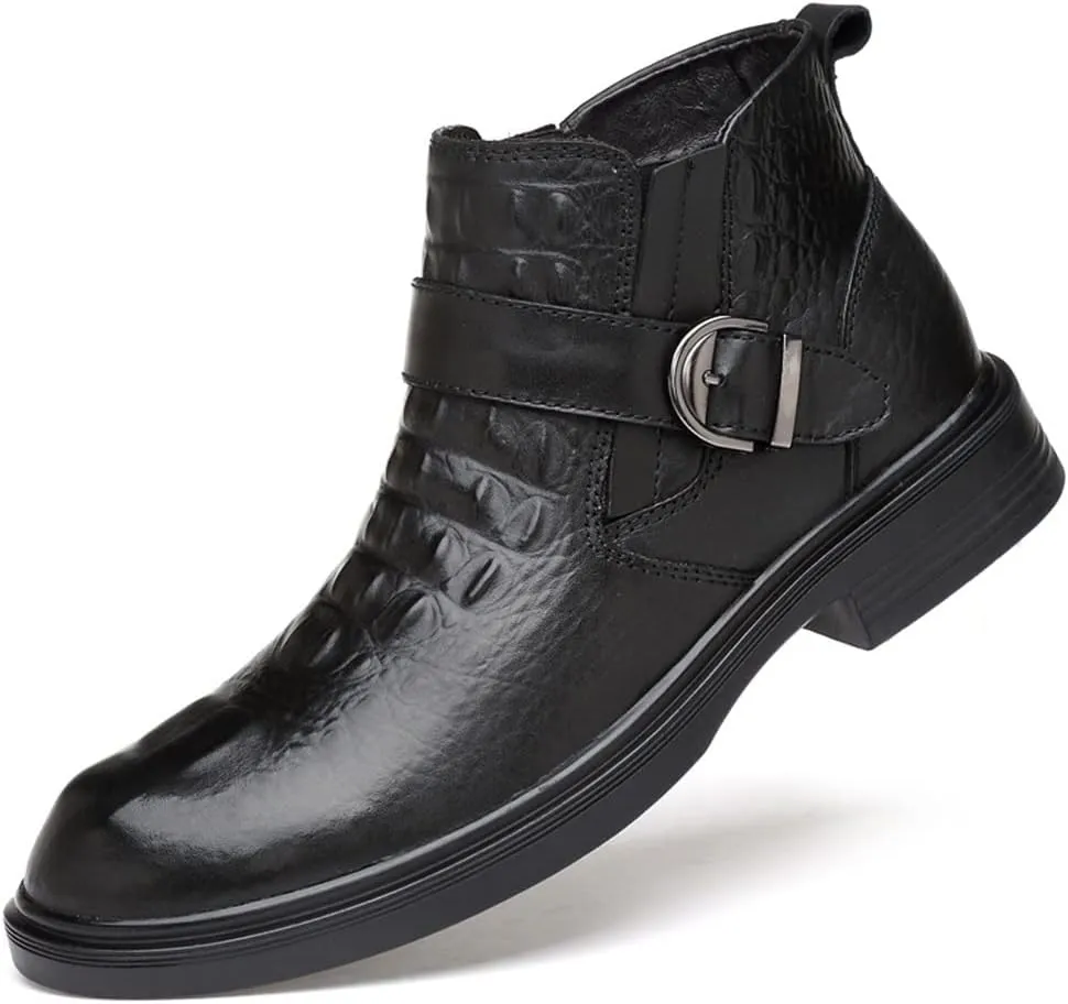 HOOENG Chelsea Boots for Men Crocodile Print with Buckle Genuine Leather Non Slip on Waterproof Wearable Anti-Slip Formal Dress